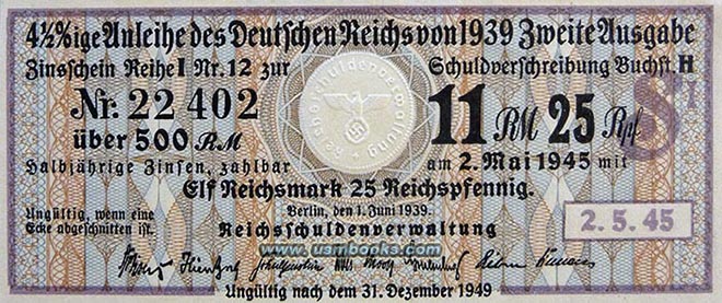 1939 Reichsschuldenverwaltung Zinsschein